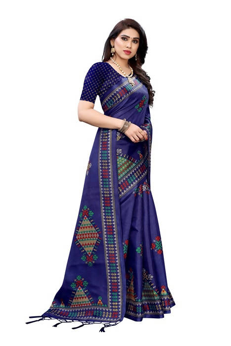 Vamika Navy Kalamkari Print With Jhalar Khadi Silk Saree (KITE NAVY)