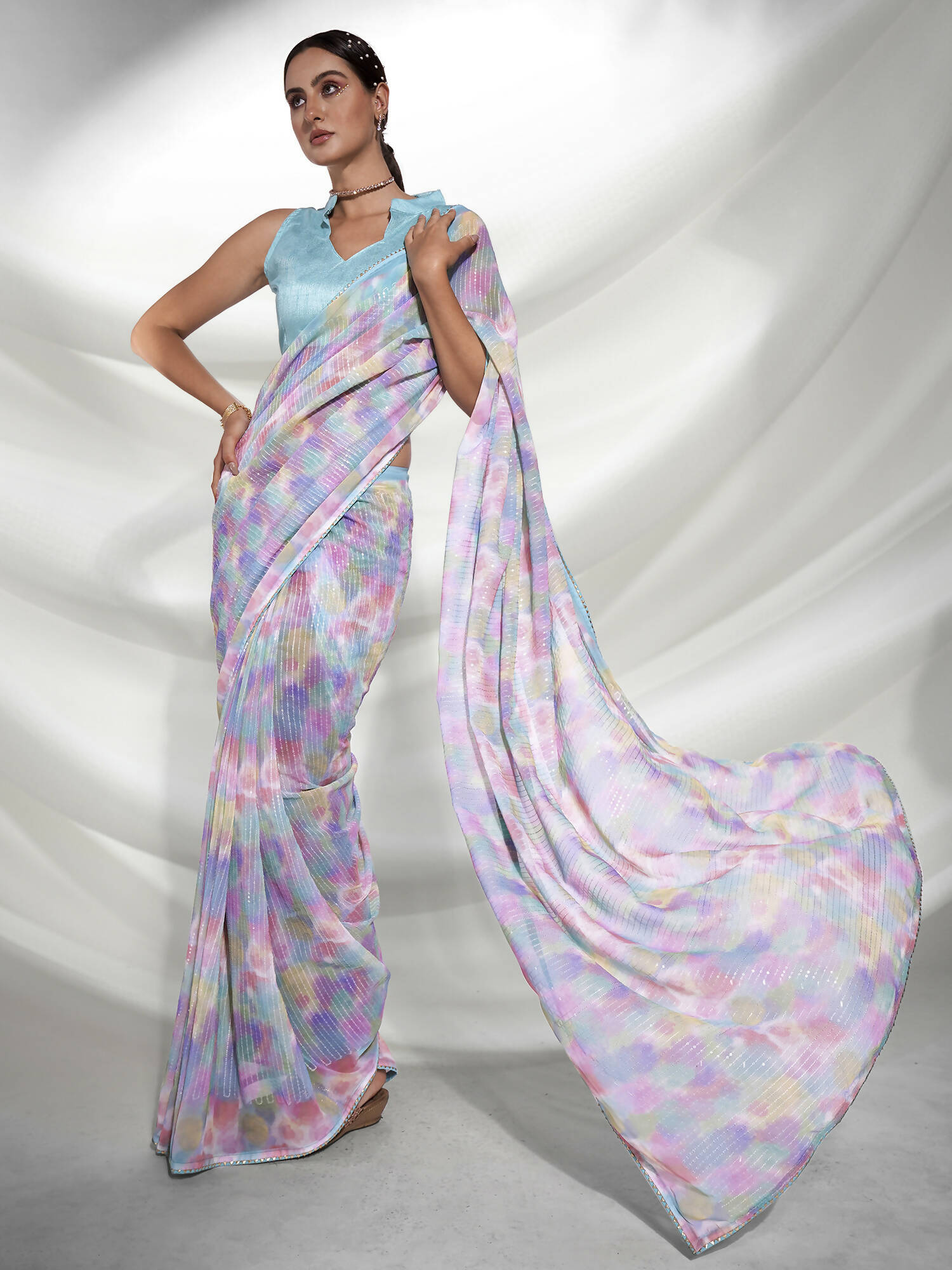 Blue Georgette Sequence Embroidery Saree With Unstitched Blouse Piece - Rajal - Distacart