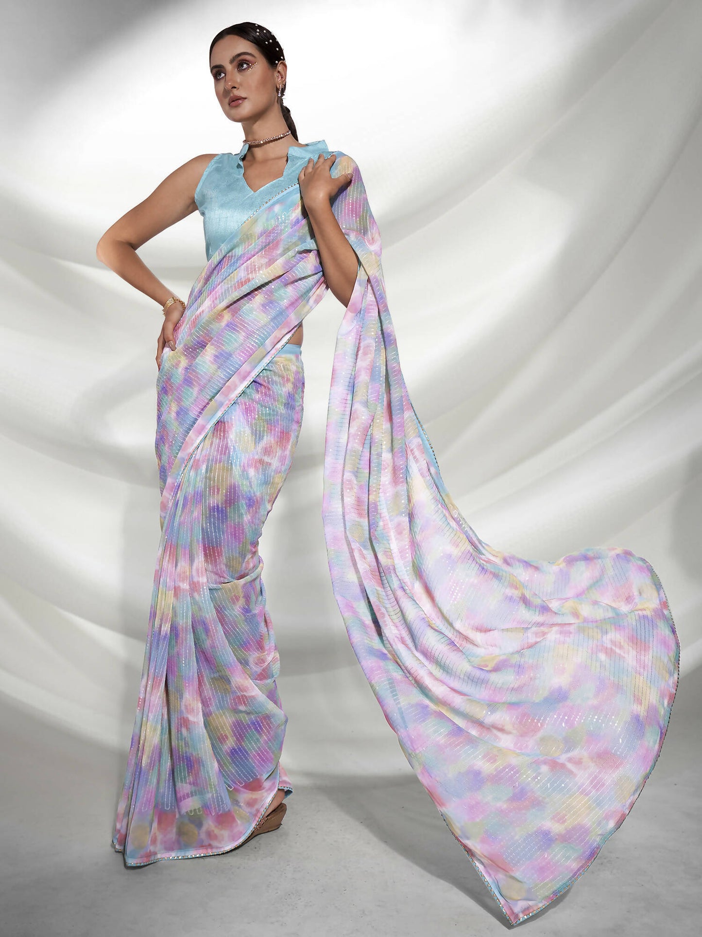 Blue Georgette Sequence Embroidery Saree With Unstitched Blouse Piece - Rajal - Distacart