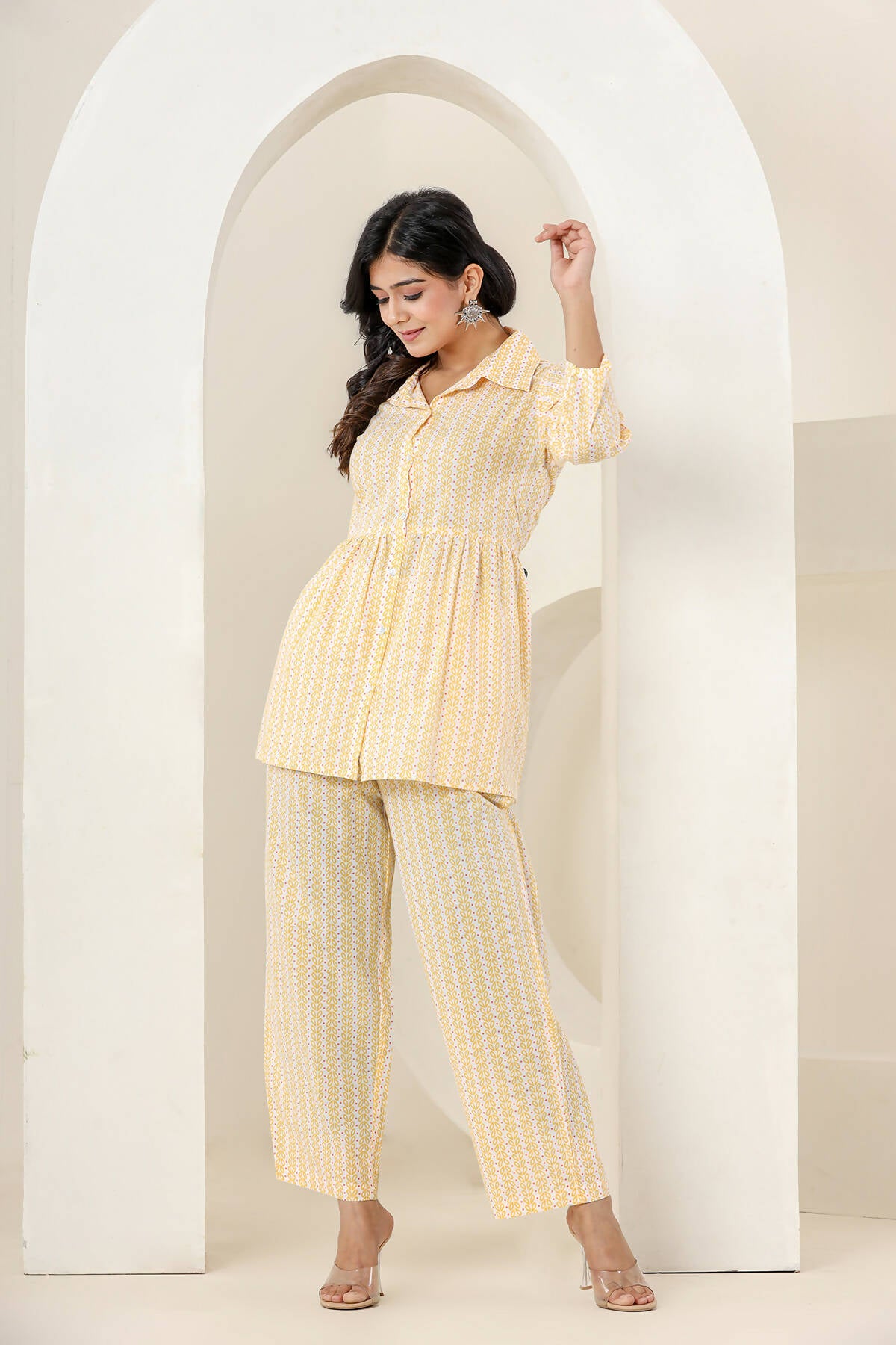 Kaajh Women's Yellow Printed Cotton Co-ord Set - Distacart