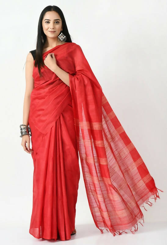 Mominos Fashion Moeza Red Bhagalpuri Handloom 8 Line Ghichha Silk Saree with unstitched Blouse piece - Distacart