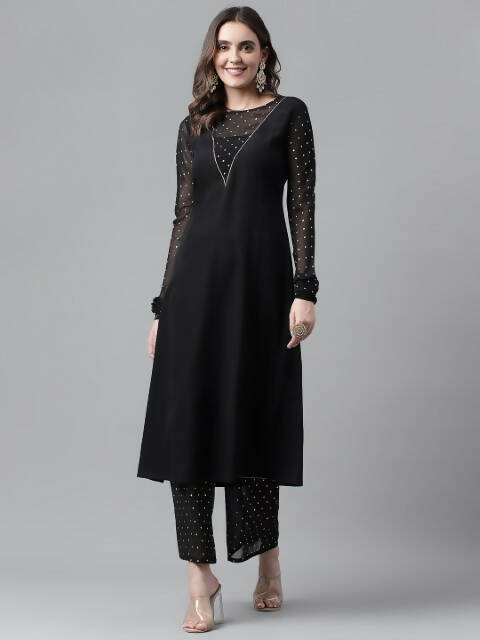 FIORRA Women's Black Poly Crepe A-Line Kurta Set - Distacart