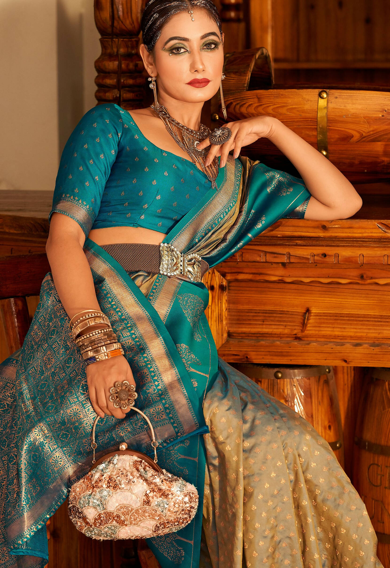 Beige Soft Banarasi Paithani Copper Zari Weaving Saree With Unstitched Blouse Piece - Jodha - Distacart