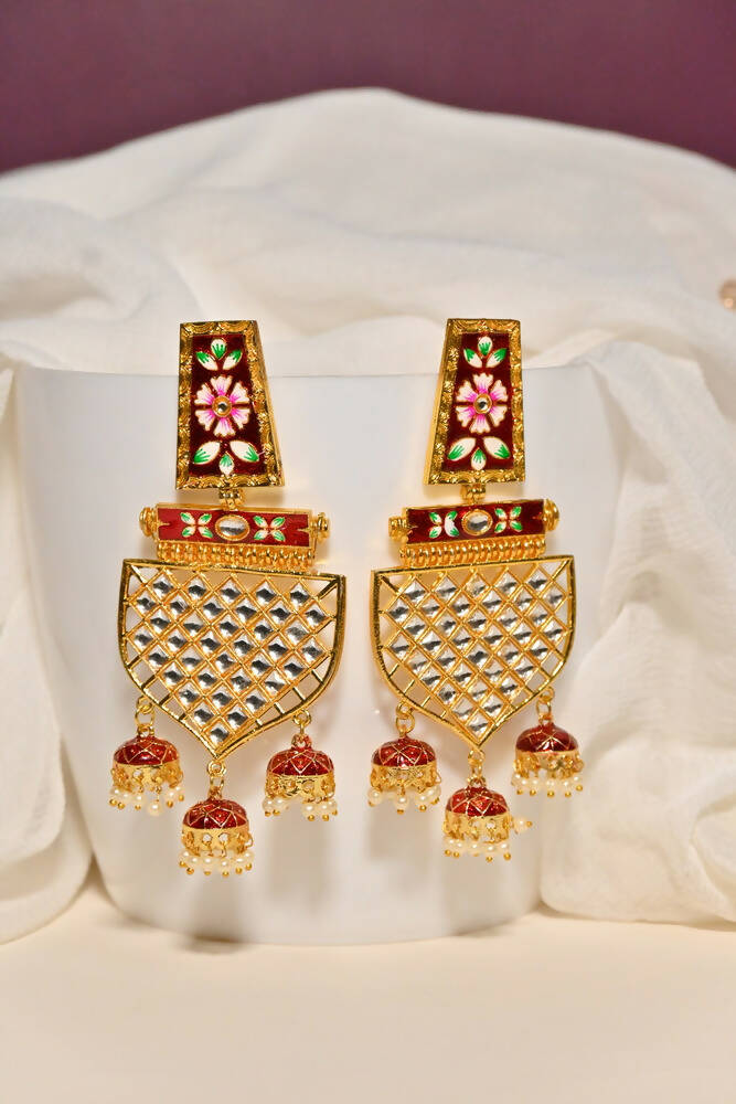 Traditional Gold-Plated Meenakari Maroon Jhumka Jhumki Earrings By House of Ree - Distacart