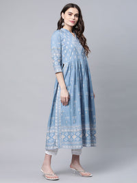 Thumbnail for Ahalyaa Women Pastel Blue Pure Cotton Printed Kurta Pant Set With Dupatta