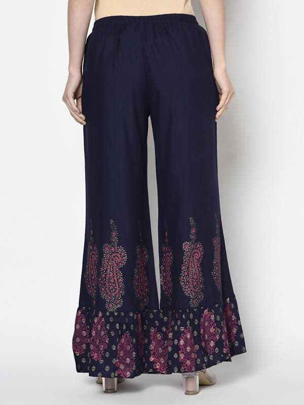 Aniyah Rayon Navy Blue Color Block Print Flared Slip-On Palazzo (AN-216K)