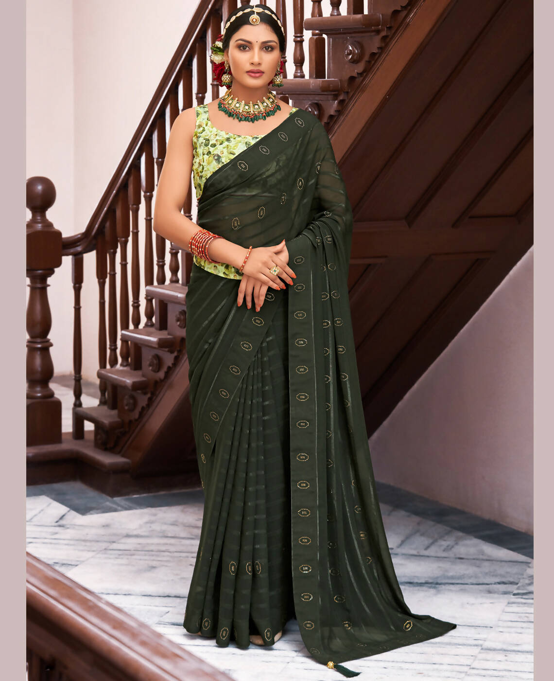 Green Georgette Swaroski Work Saree With Unstitched Blouse Piece - Juhi - Distacart