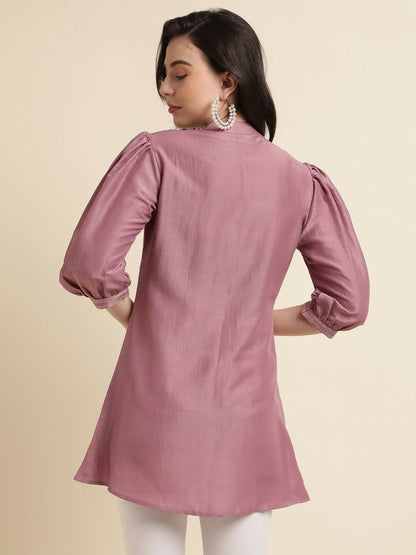 Dust Pink Chinon Yoke Embroidered A-line Top - Tarini - Distacart