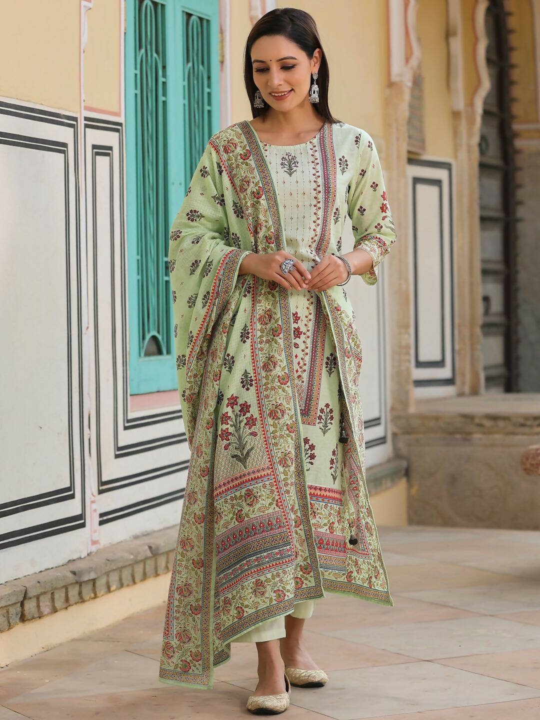 Juniper Women's Lime Green Cambric Floral Placement Printed Straight Fit Kurta Sets - Distacart