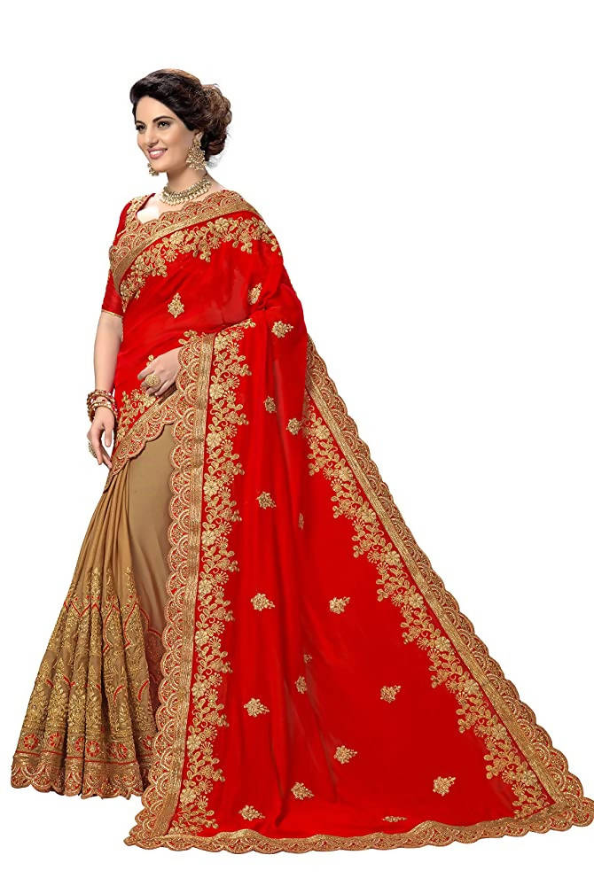 Sarvadarshi Fashion Women's Red Fabric Silk Heavy Work Embroidery Saree With Blouse Piece