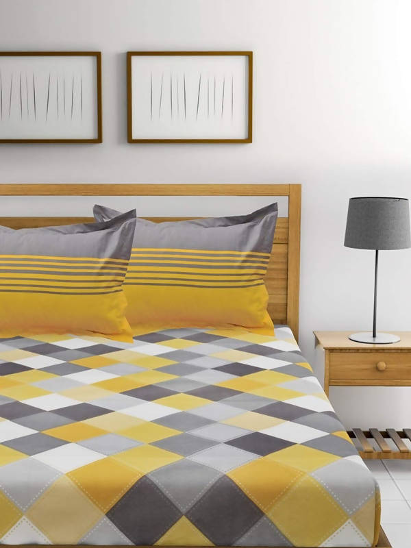 Vamika Printed Cotton Yellow & Multicolor Bedsheet With Pillow Covers (LEOC_CHECK_Y) - Distacart