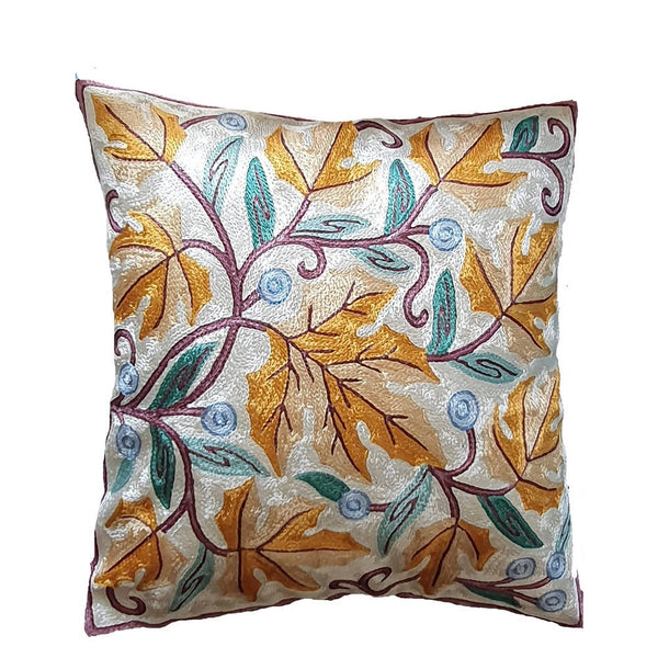 The Decor Nook Hand Embroidered Crewel Cushion Covers in Mustard & Chinar Leaf Motif with Off White Base - Distacart