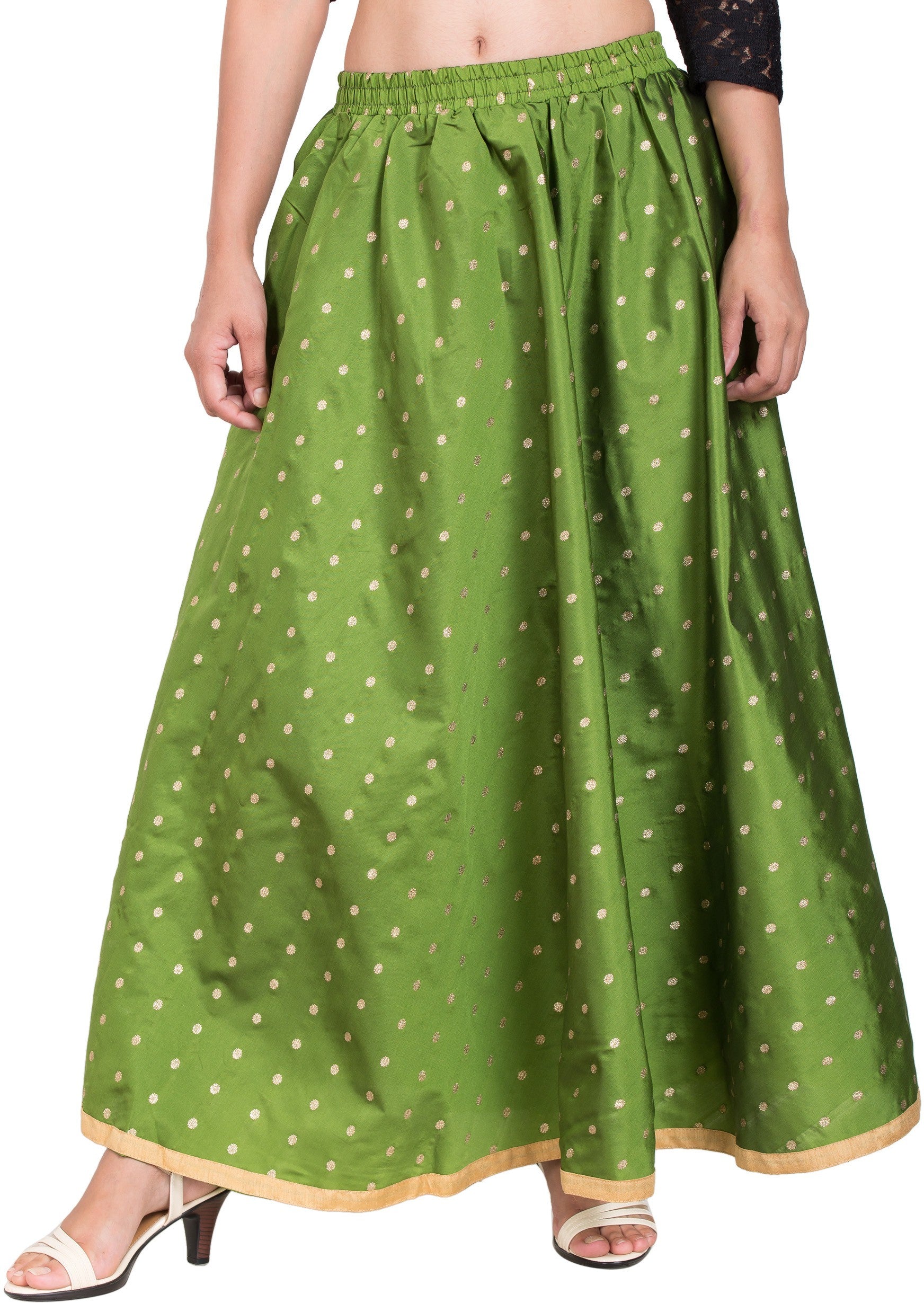 PAVONINE Green Color Golden Zari Work Satan Fabric Maxi Skirt For Women - Distacart