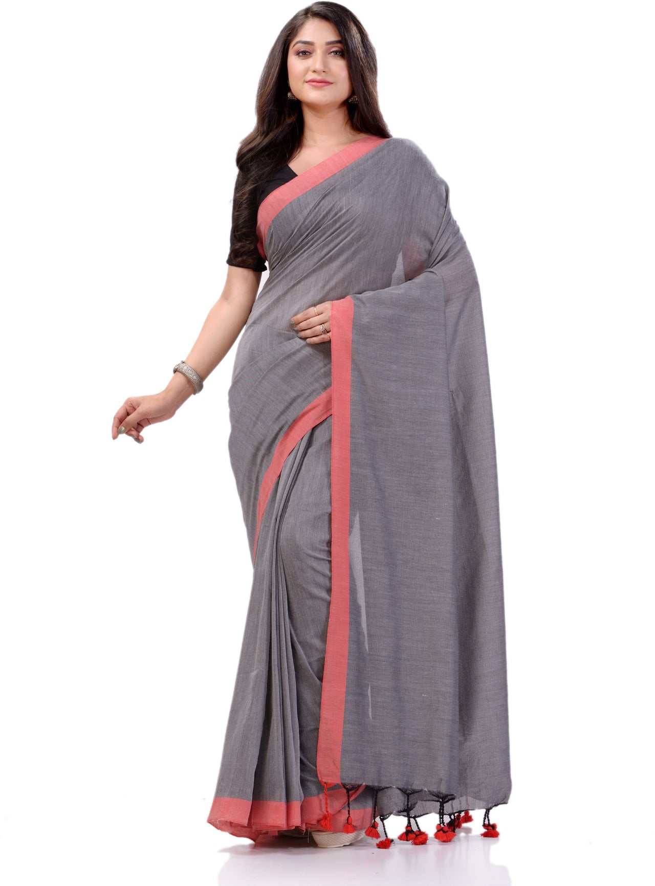 Desh Bidesh Woven Handloom Handloom Pure Cotton Saree (Grey) - Distacart