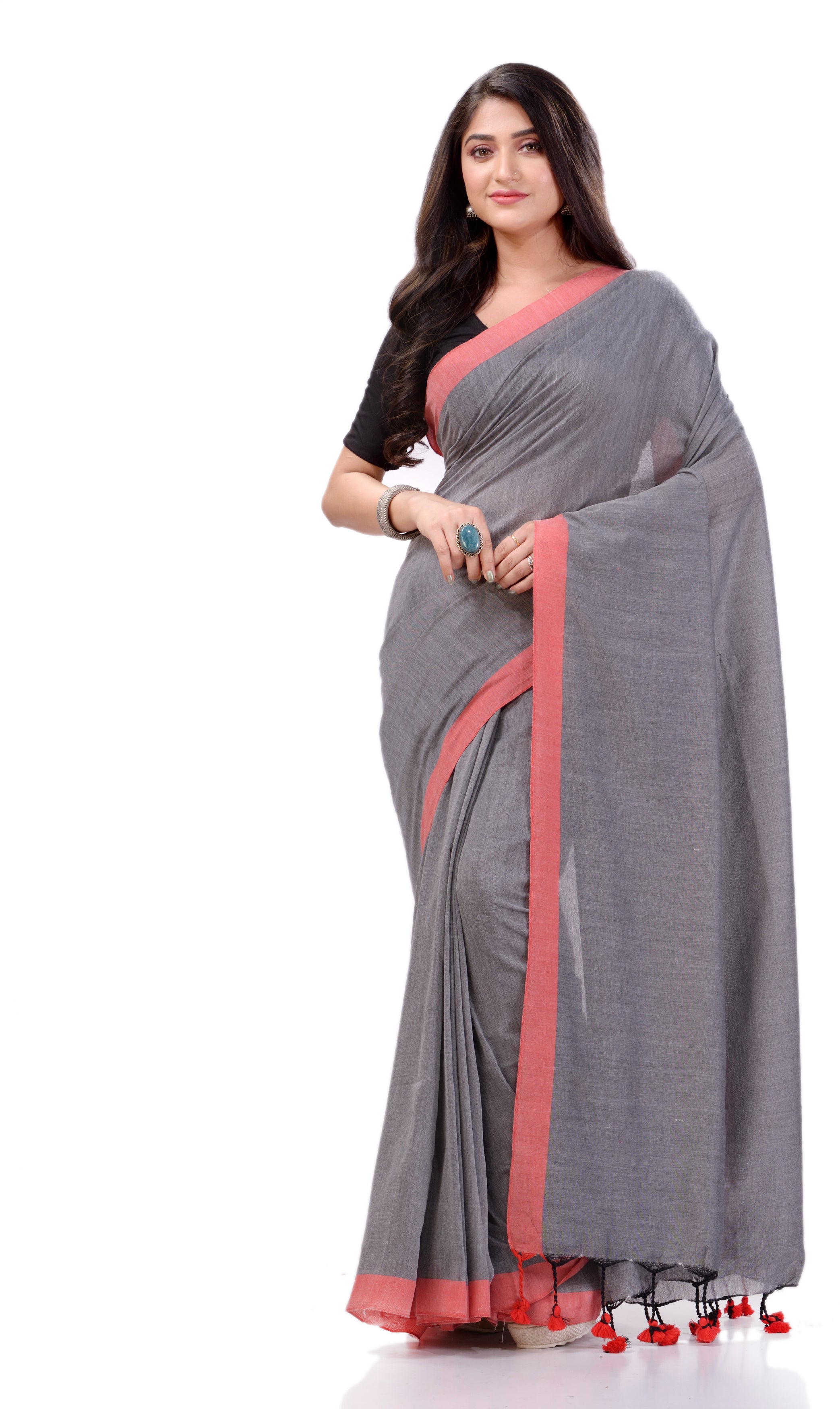 Desh Bidesh Woven Handloom Handloom Pure Cotton Saree (Grey) - Distacart