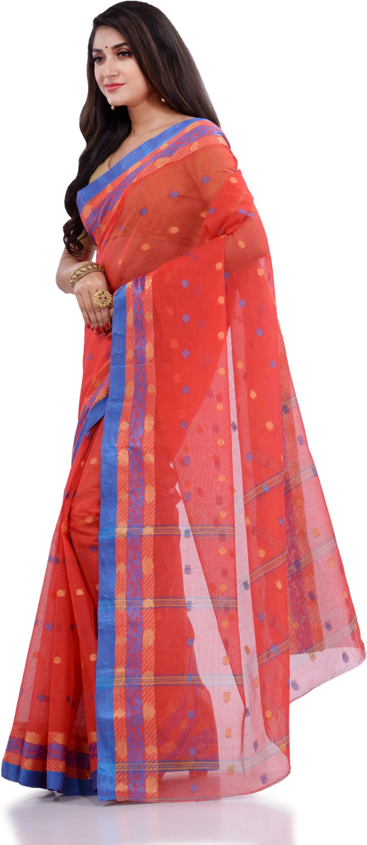 Desh Bidesh Woven Handloom Pure Cotton Saree (Orange) - Distacart