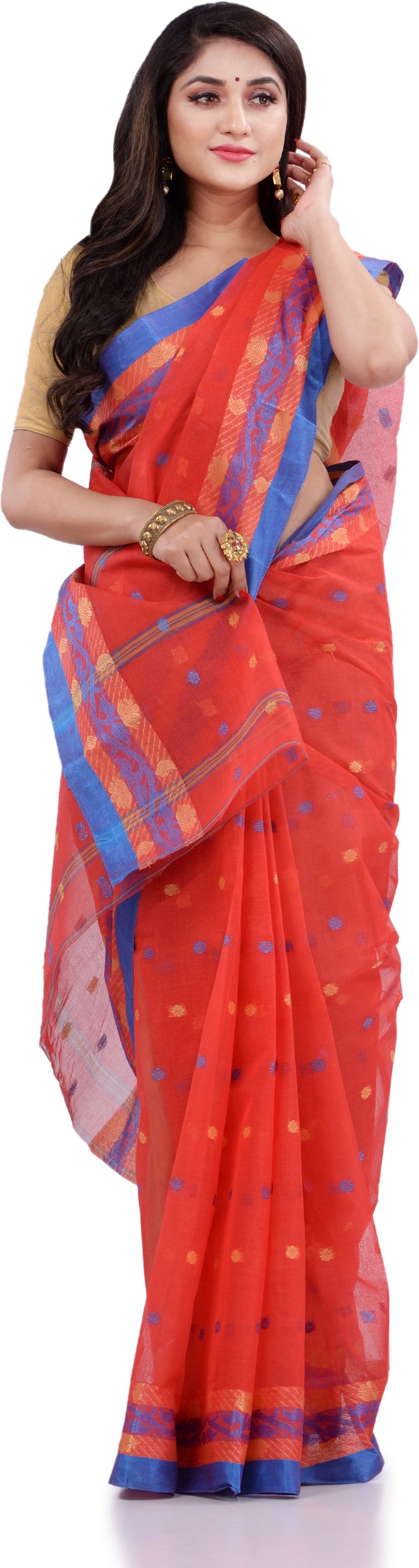 Desh Bidesh Woven Handloom Pure Cotton Saree (Orange) - Distacart