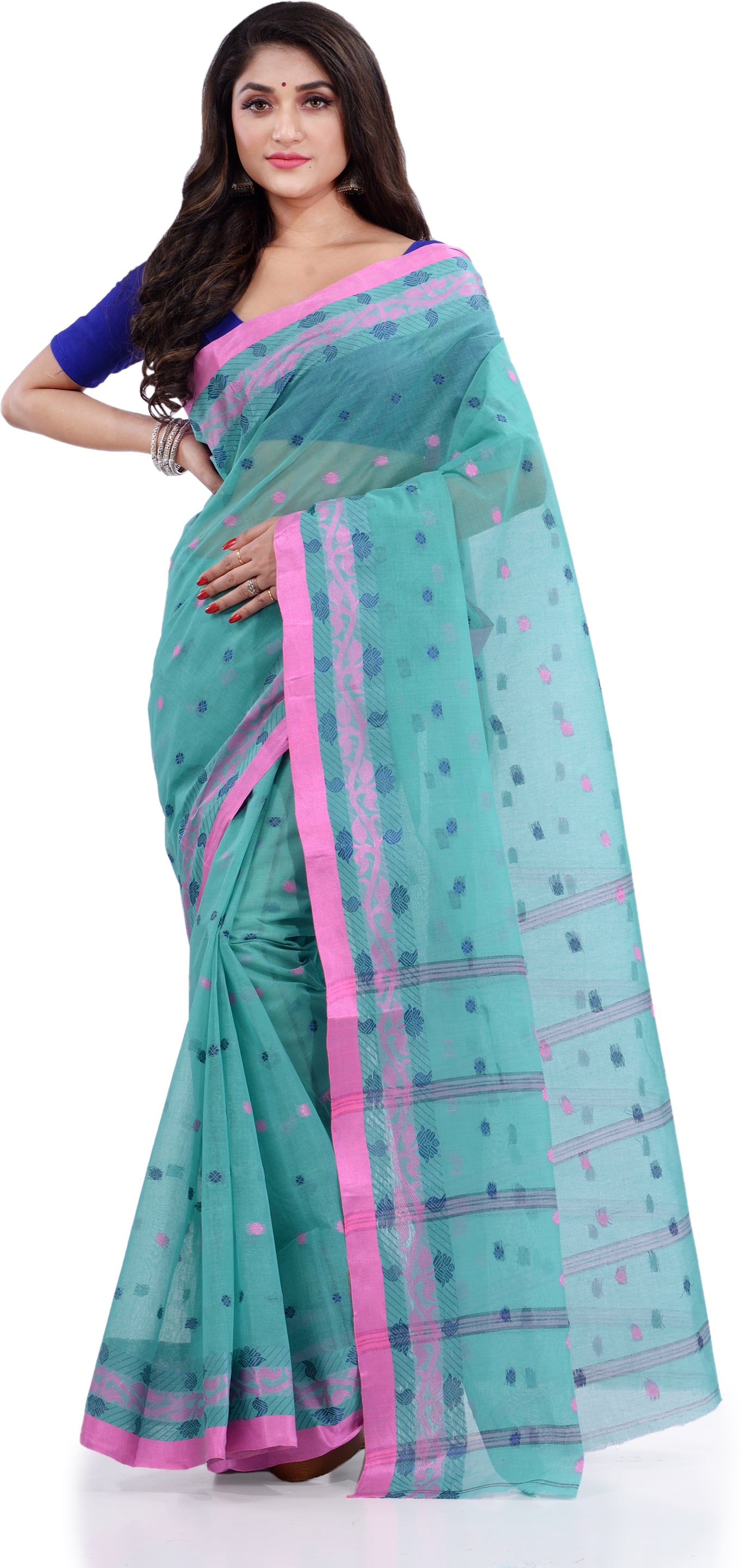 Desh Bidesh Woven Handloom Pure Cotton Saree (Light Blue) - Distacart