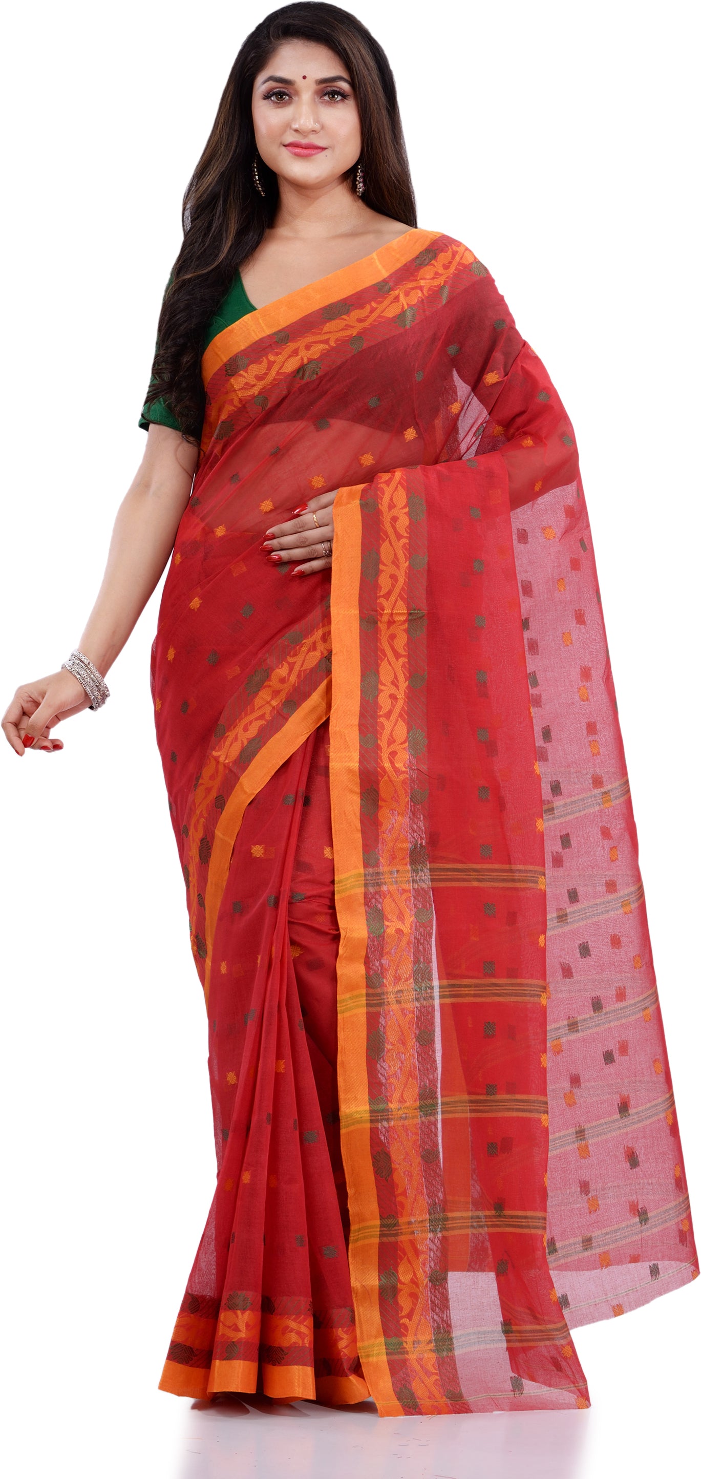 Desh Bidesh Woven Handloom Pure Cotton Saree (Red) - Distacart