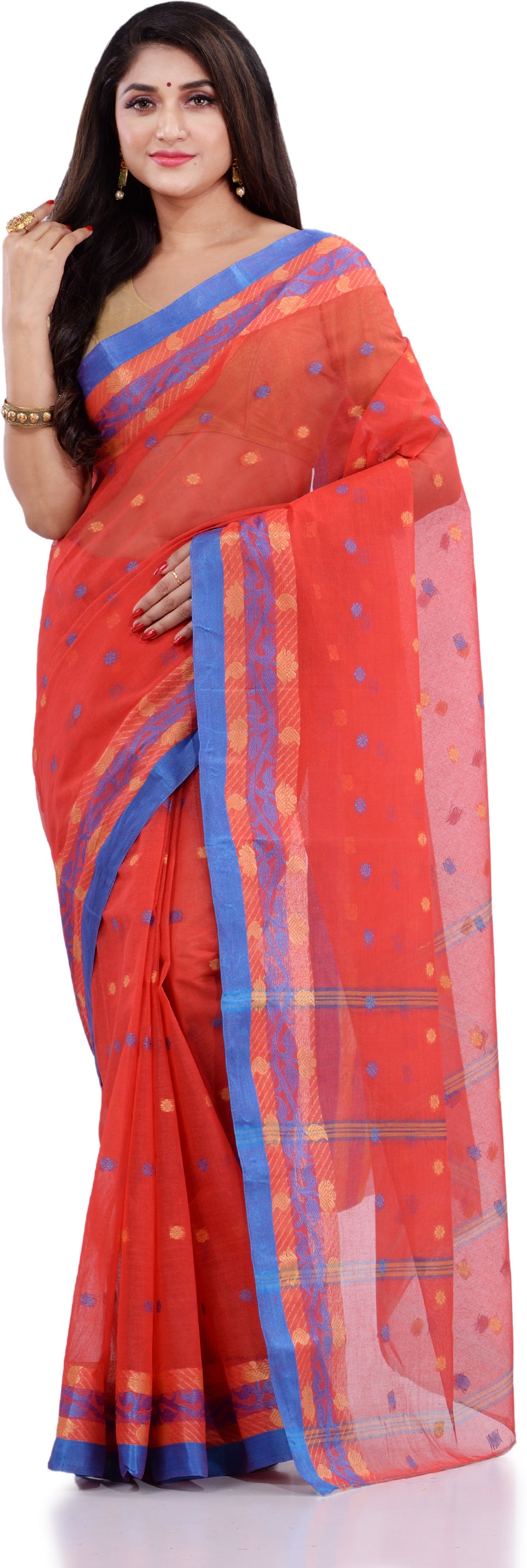 Desh Bidesh Woven Handloom Pure Cotton Saree (Orange) - Distacart