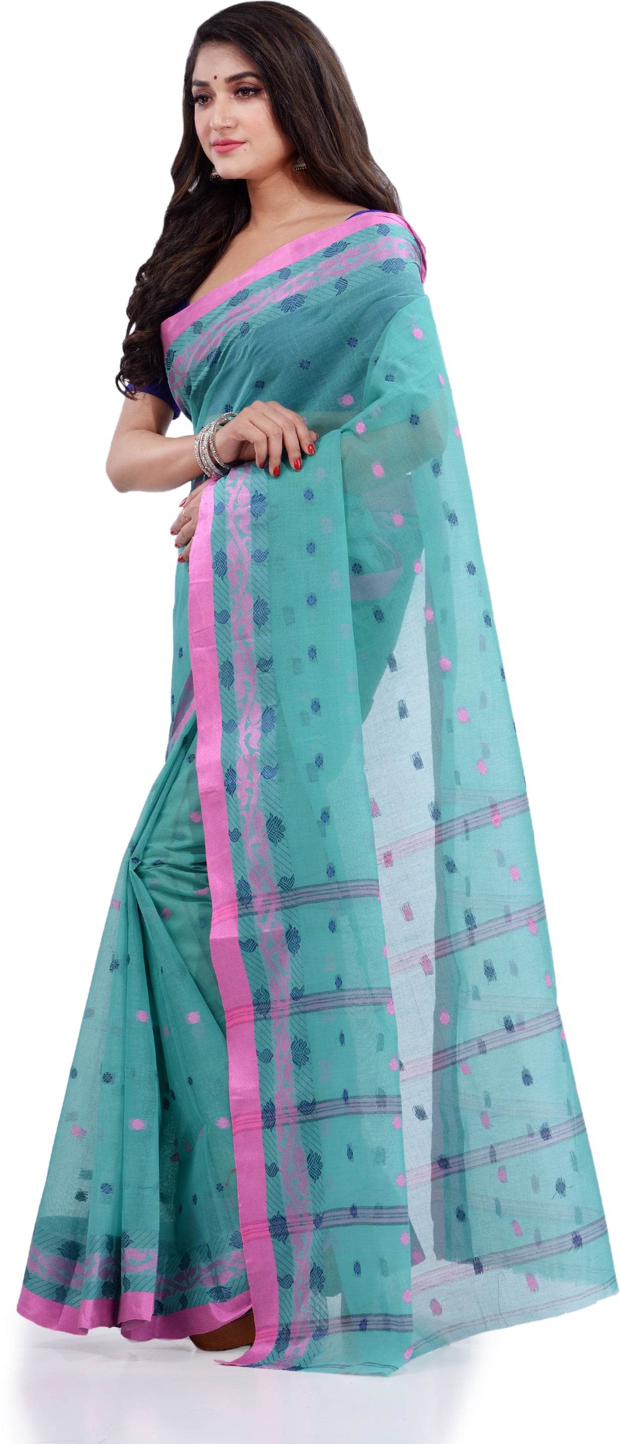 Desh Bidesh Woven Handloom Pure Cotton Saree (Light Blue) - Distacart
