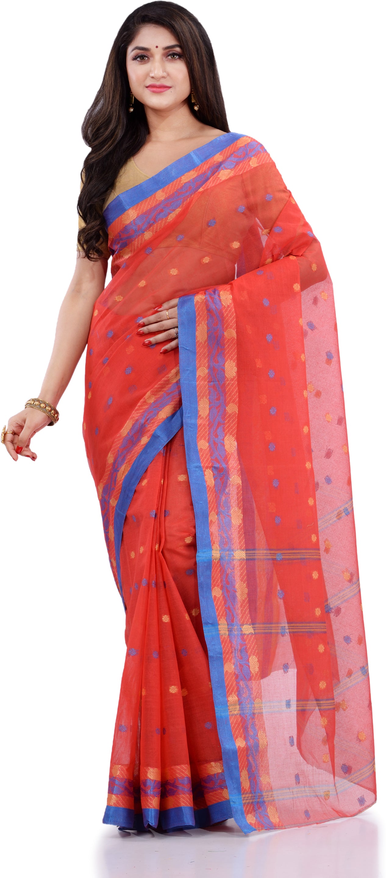 Desh Bidesh Woven Handloom Pure Cotton Saree (Orange) - Distacart