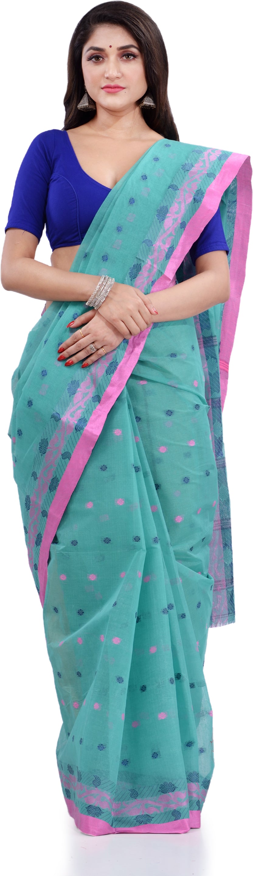 Desh Bidesh Woven Handloom Pure Cotton Saree (Light Blue) - Distacart