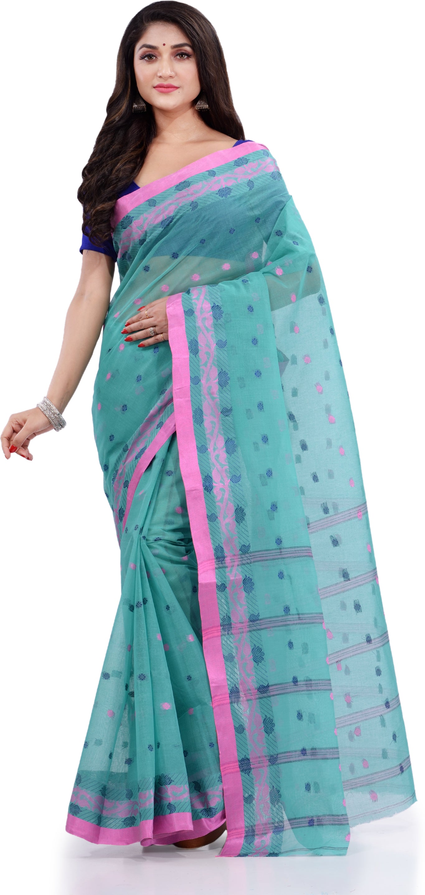 Desh Bidesh Woven Handloom Pure Cotton Saree (Light Blue) - Distacart