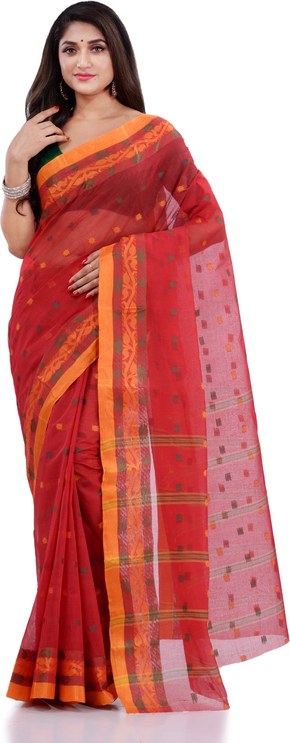 Desh Bidesh Woven Handloom Pure Cotton Saree (Red) - Distacart