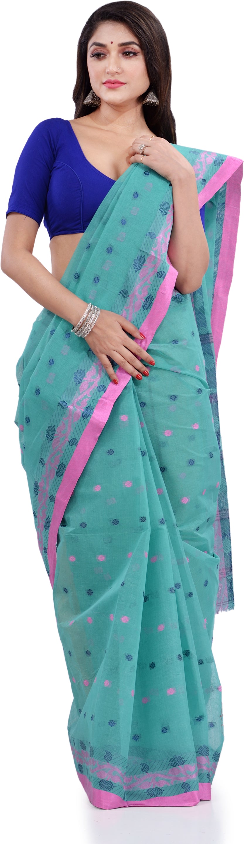 Desh Bidesh Woven Handloom Pure Cotton Saree (Light Blue) - Distacart
