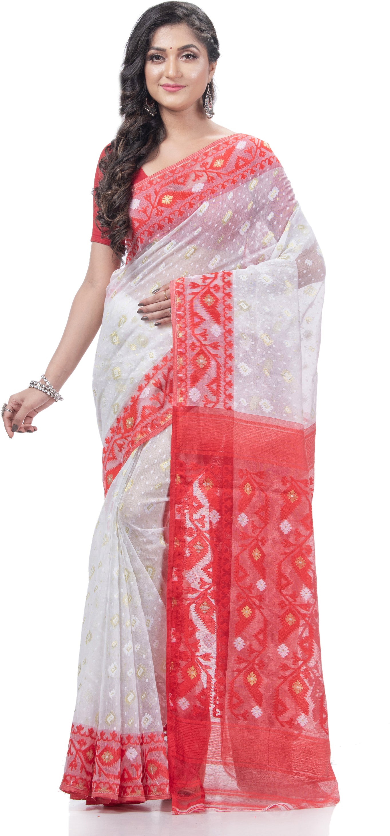 Desh Bidesh Woven Jamdani Handloom Pure Cotton Saree (White) - Distacart