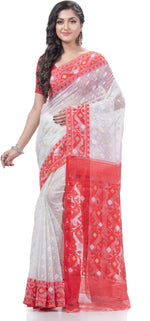 Thumbnail for Desh Bidesh Woven Jamdani Pure Cotton Saree (White) - Distacart