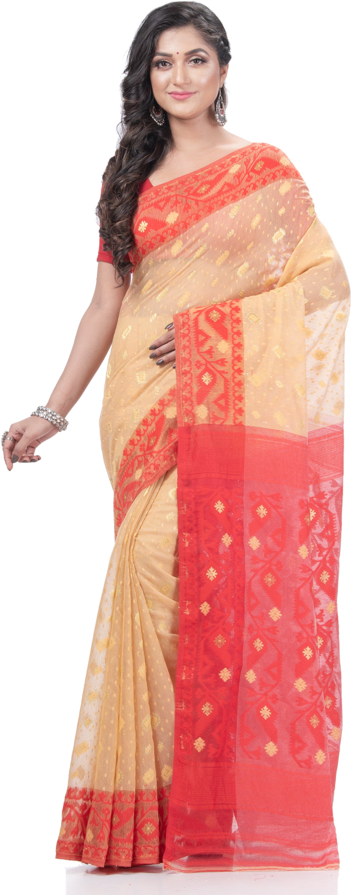 Desh Bidesh Woven Jamdani Pure Cotton Saree (Cream) - Distacart