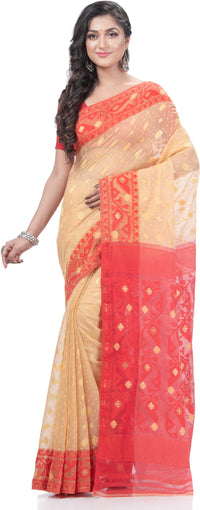 Thumbnail for Desh Bidesh Woven Jamdani Pure Cotton Saree (Cream) - Distacart