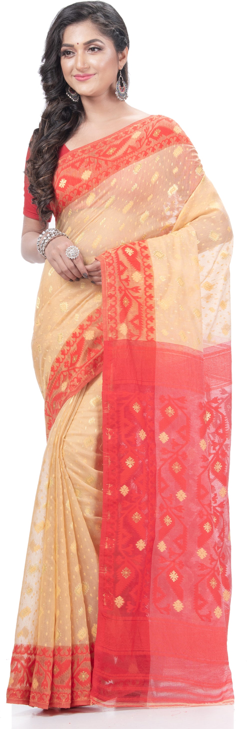 Desh Bidesh Woven Jamdani Pure Cotton Saree (Cream) - Distacart
