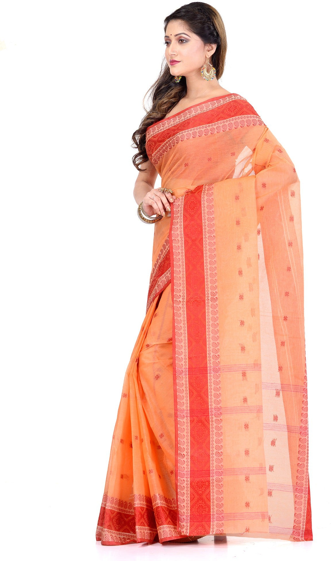 Desh Bidesh Self Design Handloom Pure Cotton Saree (Red, Orange) - Distacart