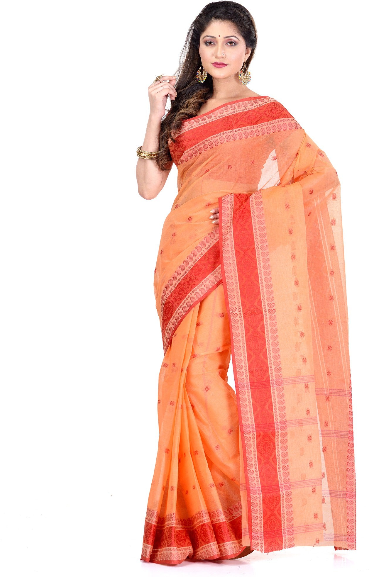 Desh Bidesh Self Design Handloom Pure Cotton Saree (Red, Orange) - Distacart