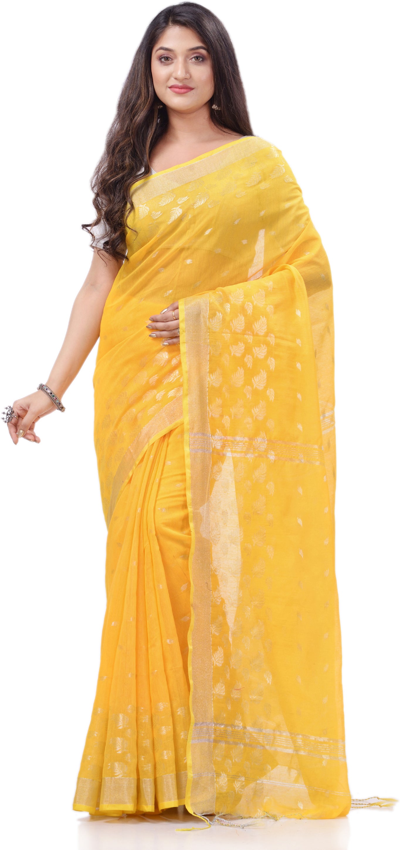 Desh Bidesh Woven Handloom Pure Cotton Saree (Yellow) - Distacart