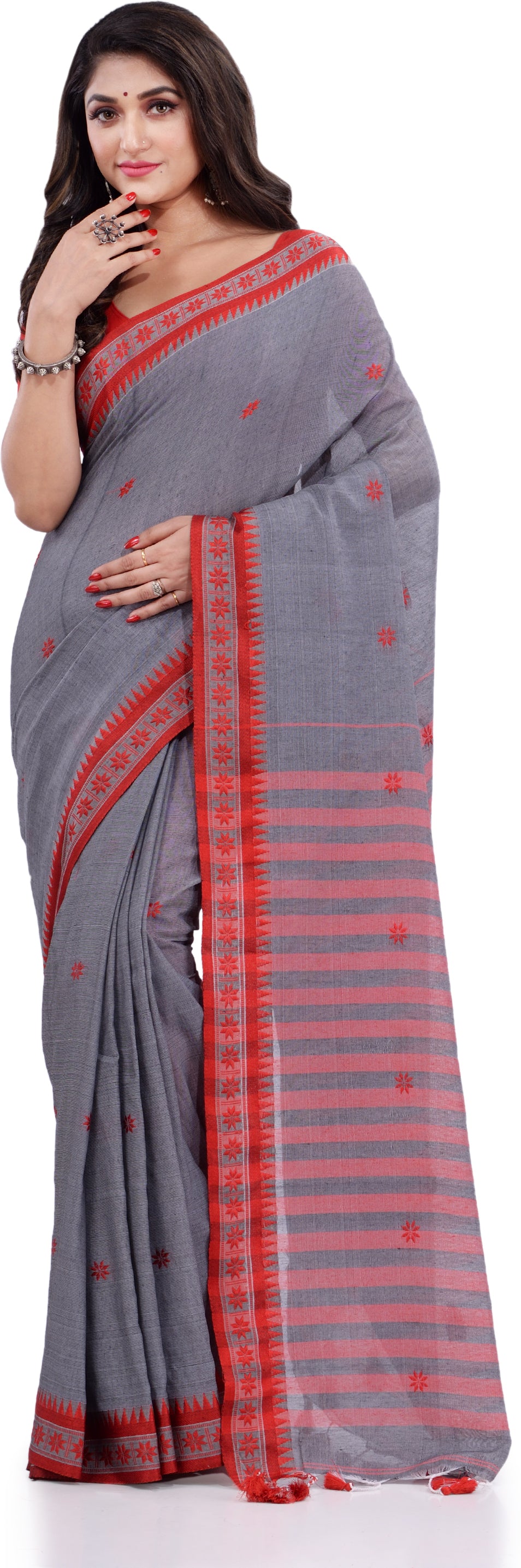 Desh Bidesh Woven Handloom Pure Cotton Saree (Grey) - Distacart