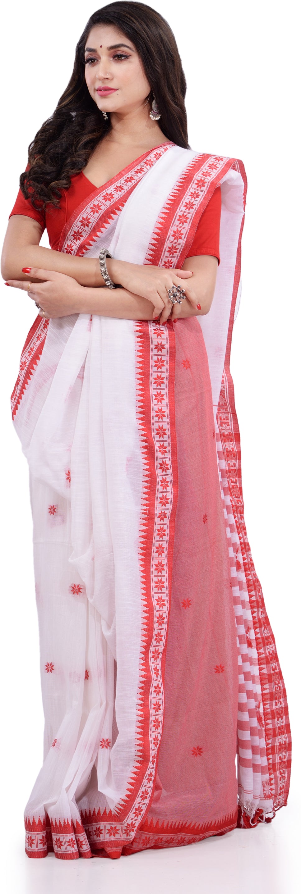 Desh Bidesh Woven Handloom Pure Cotton Saree (White) - Distacart