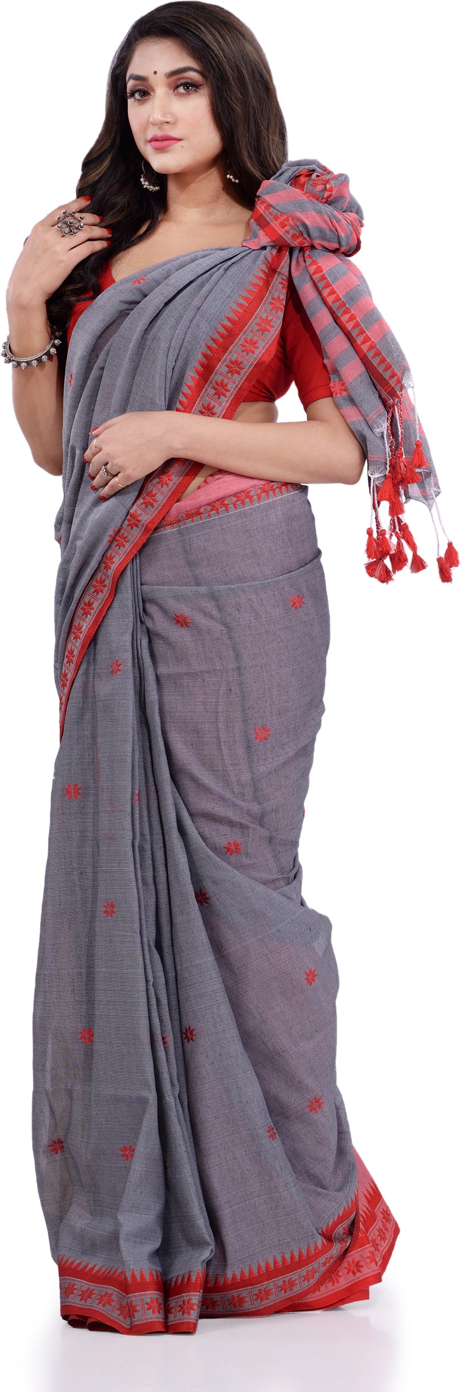 Desh Bidesh Woven Handloom Pure Cotton Saree (Grey) - Distacart