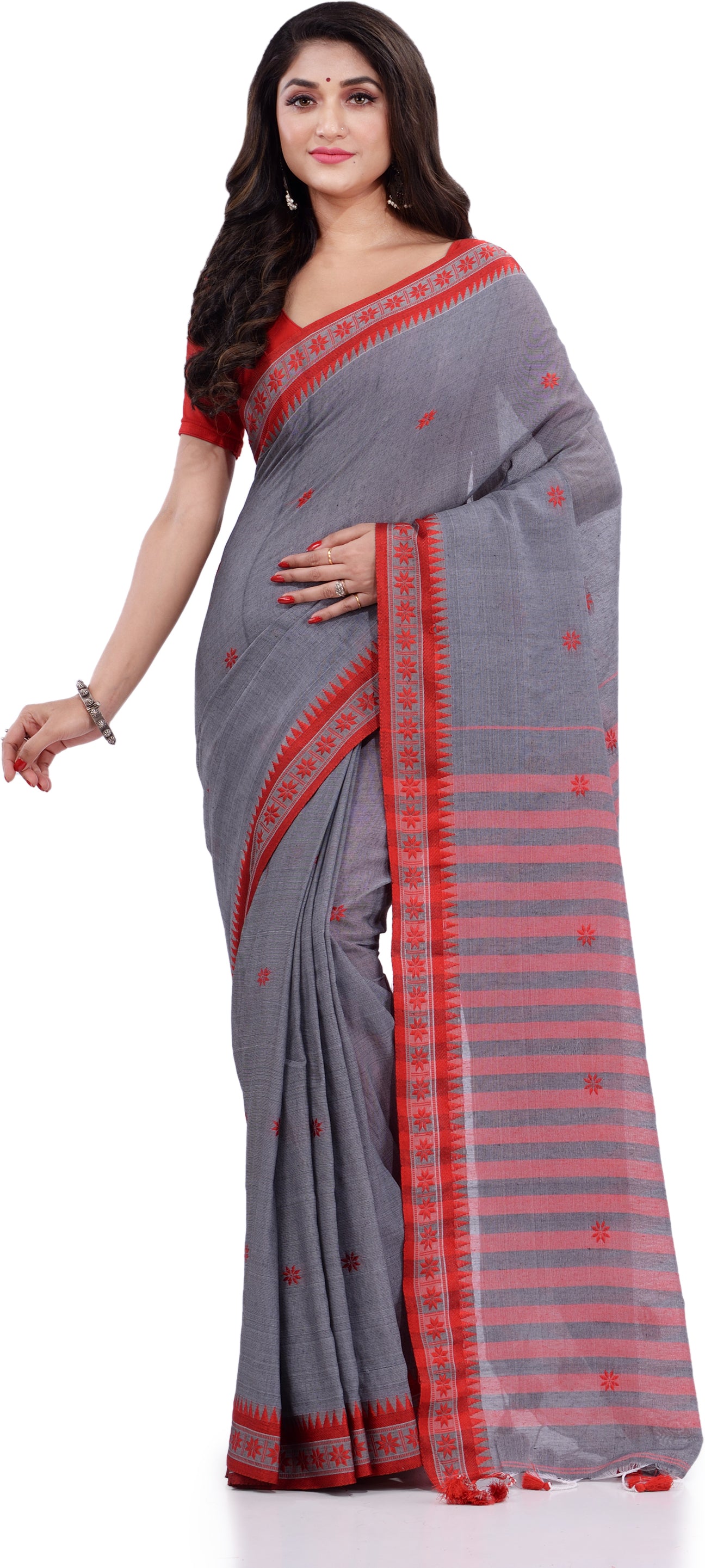Desh Bidesh Woven Handloom Pure Cotton Saree (Grey) - Distacart