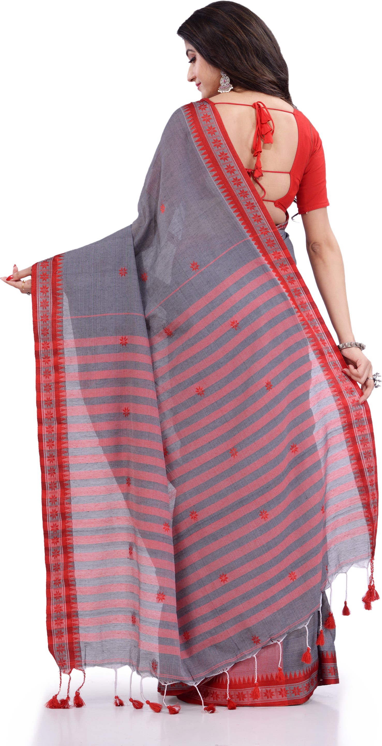 Desh Bidesh Woven Handloom Pure Cotton Saree (Grey) - Distacart