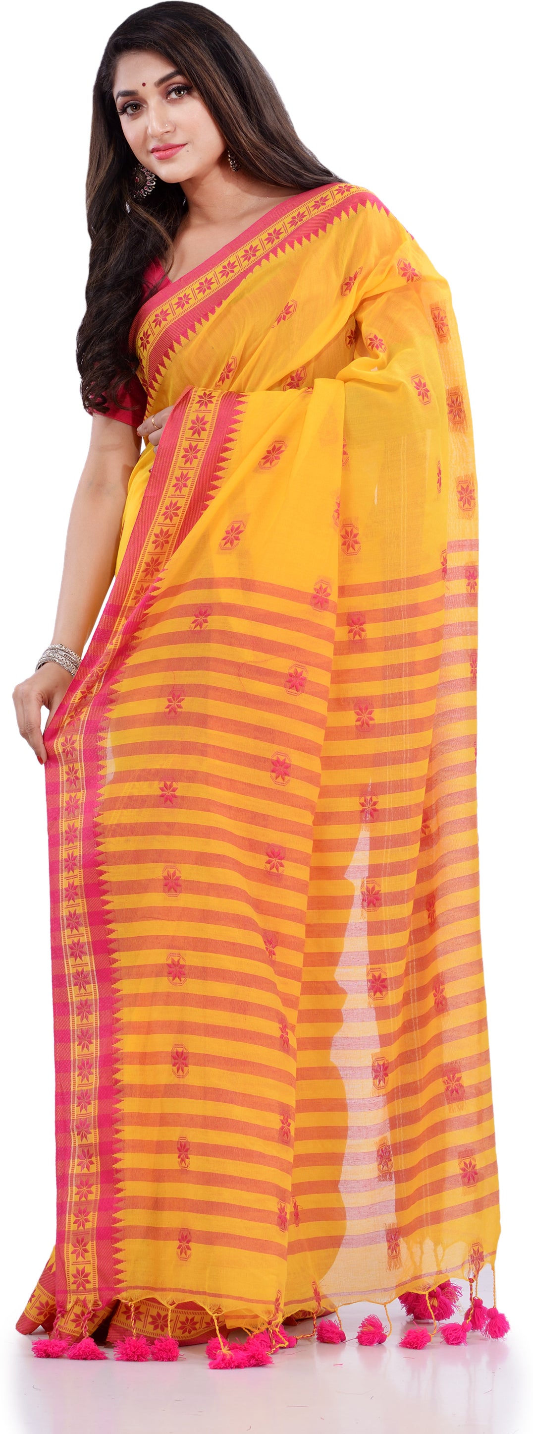 Desh Bidesh Woven Handloom Pure Cotton Saree (Yellow) - Distacart