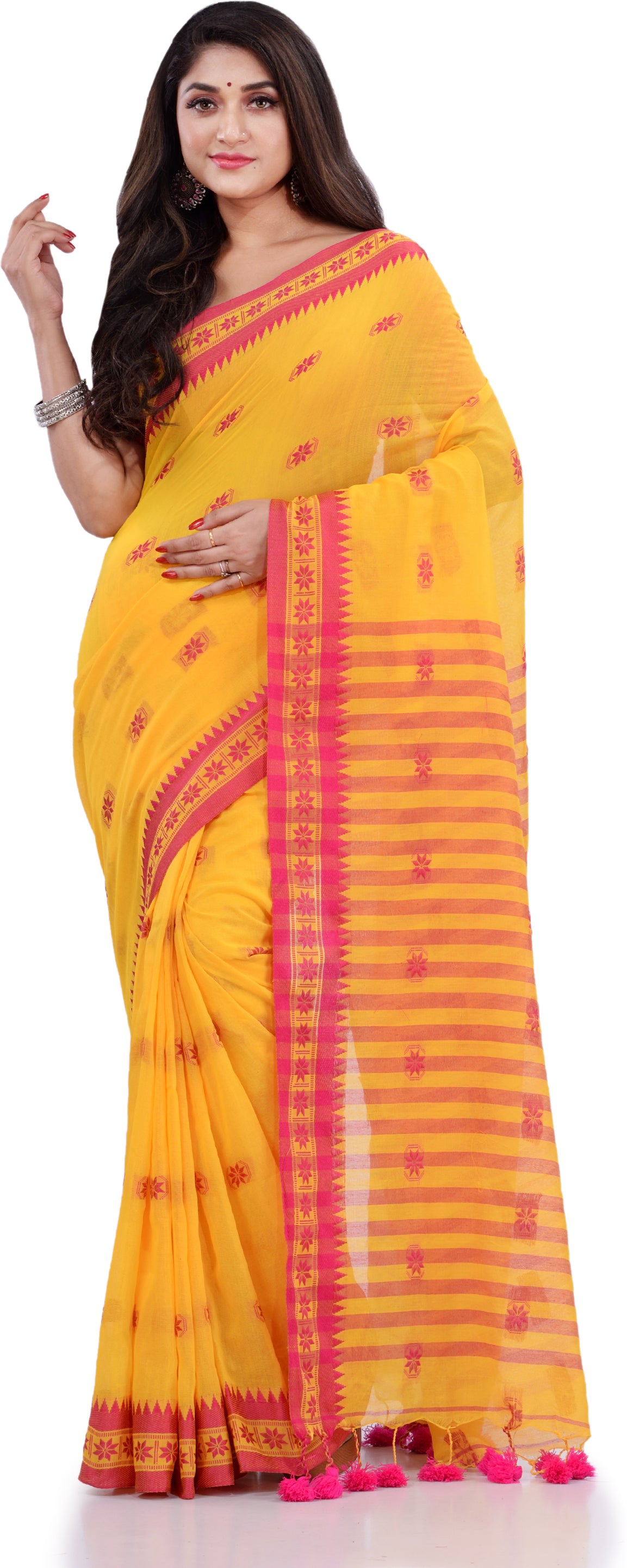 Desh Bidesh Woven Handloom Pure Cotton Saree (Yellow) - Distacart