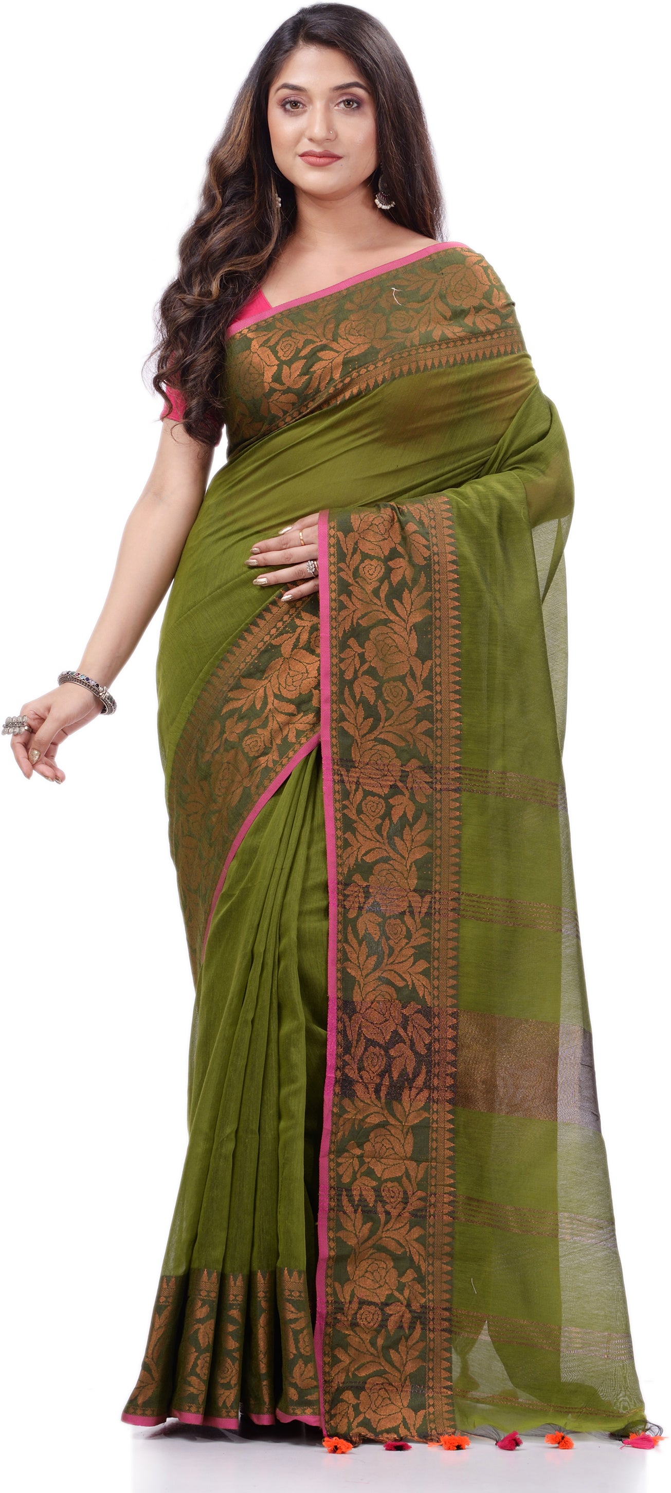 Desh Bidesh Printed Handloom Pure Cotton Saree (Dark Green) - Distacart