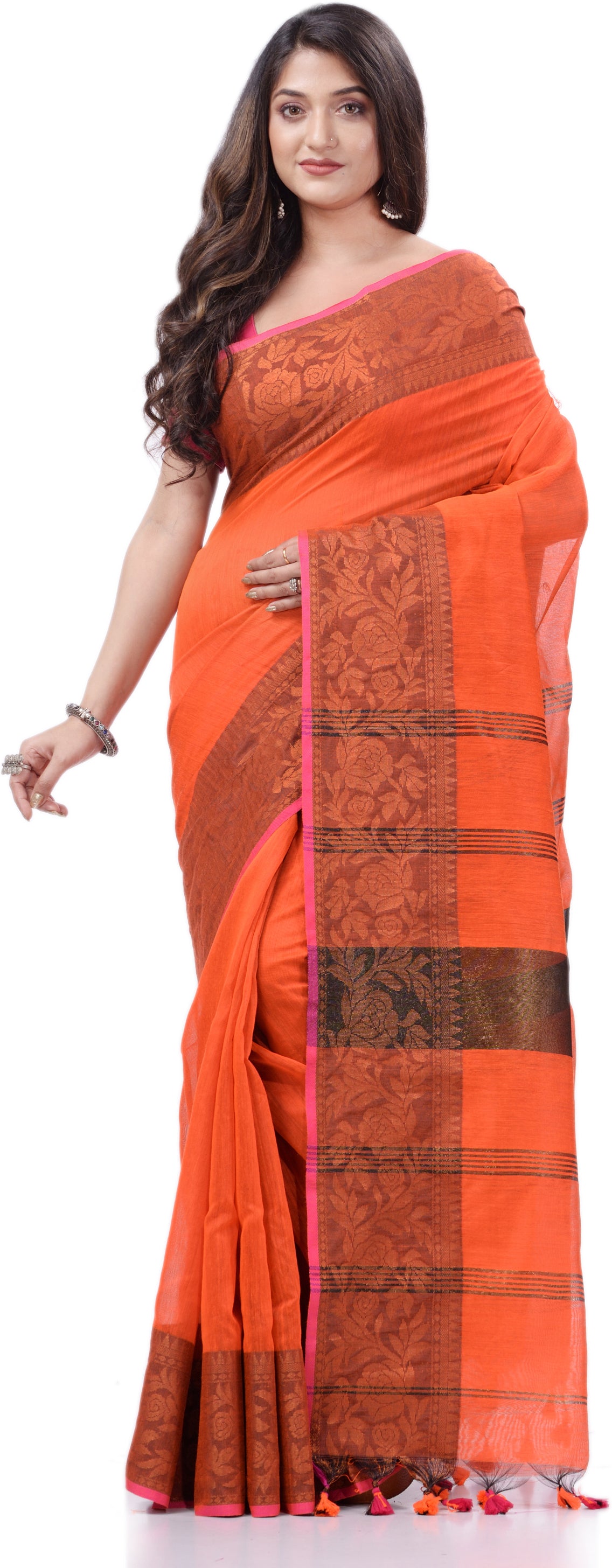 Desh Bidesh Printed Handloom Pure Cotton Saree (Orange) - Distacart