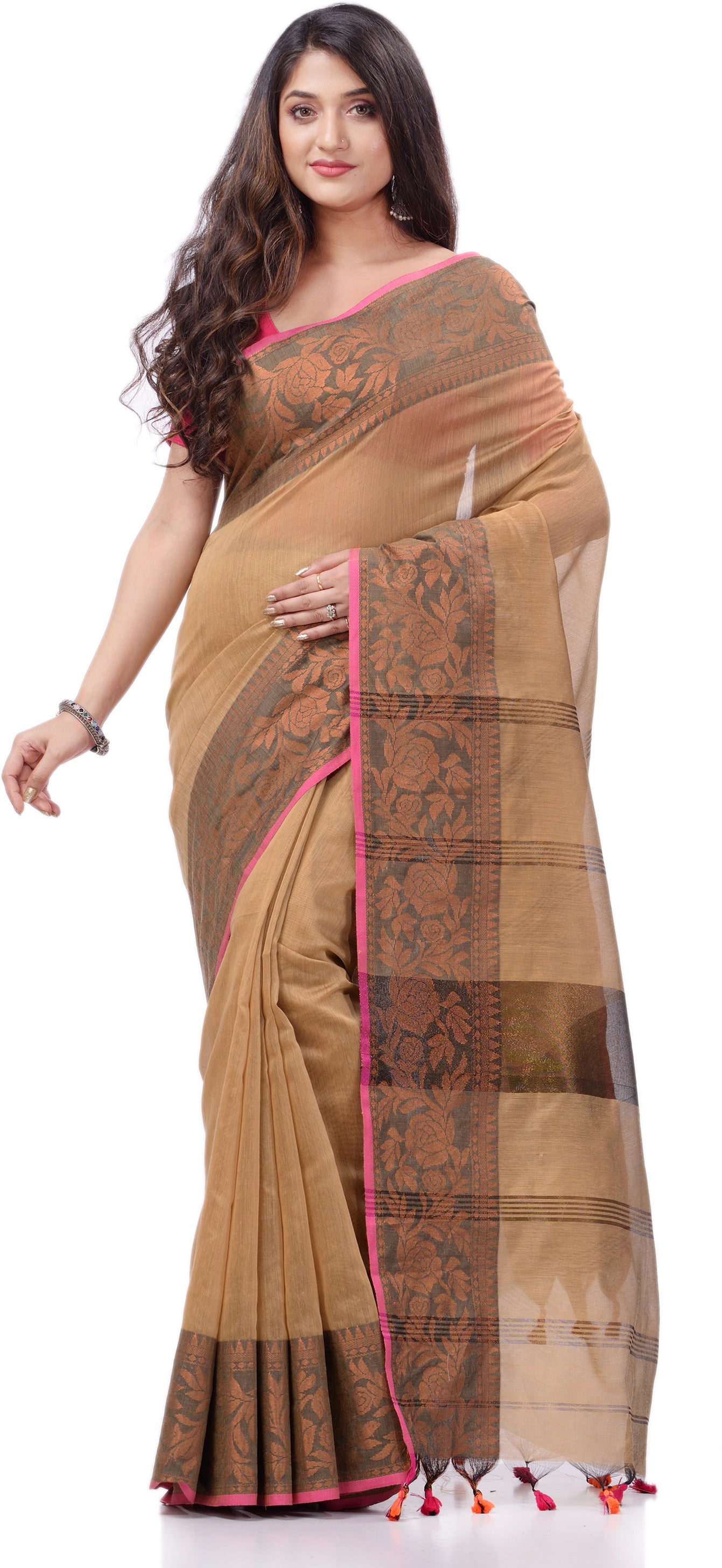 Desh Bidesh Printed Handloom Pure Cotton Saree (Beige) - Distacart