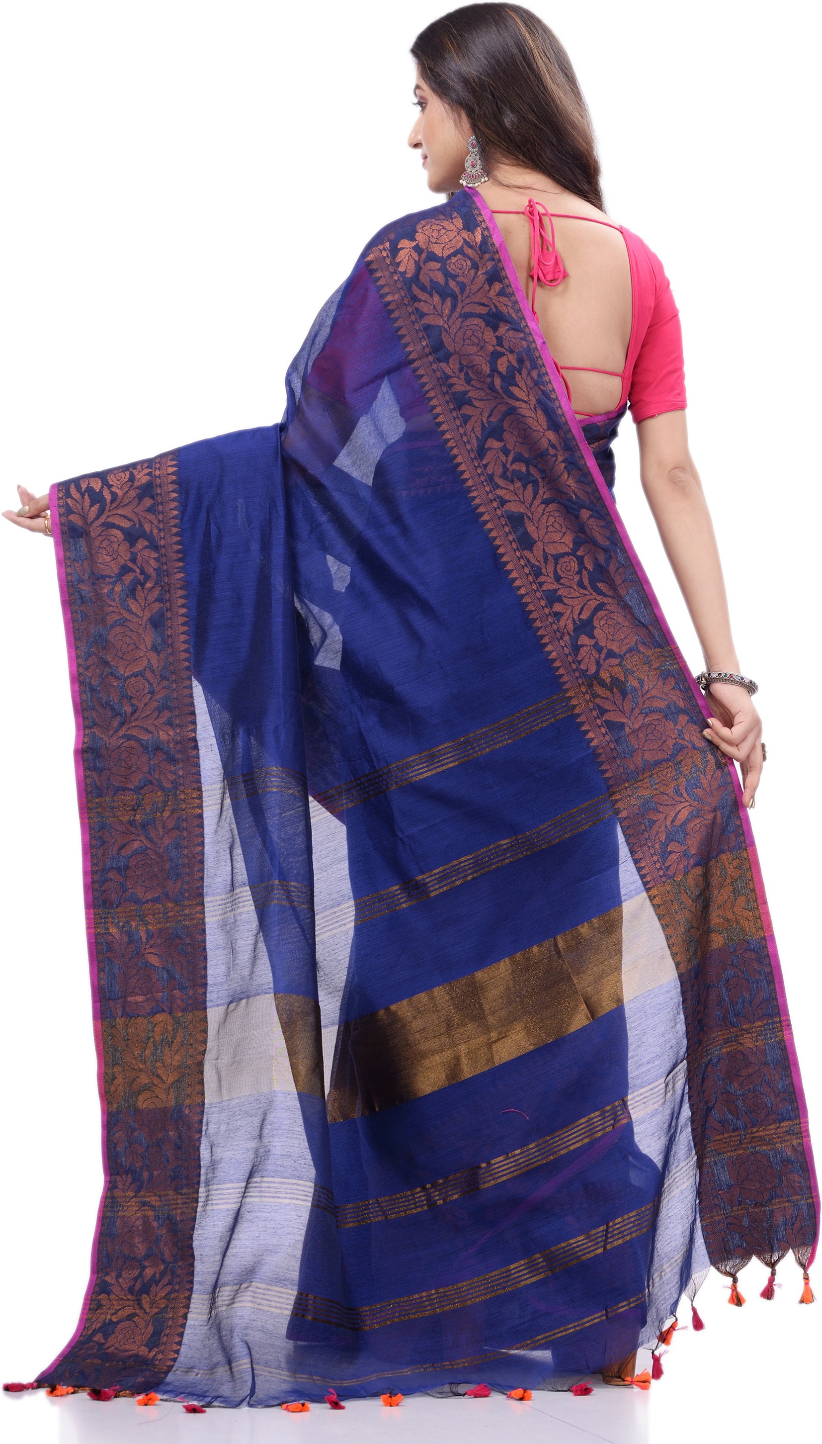 Desh Bidesh Printed Handloom Pure Cotton Saree (Dark Blue) - Distacart
