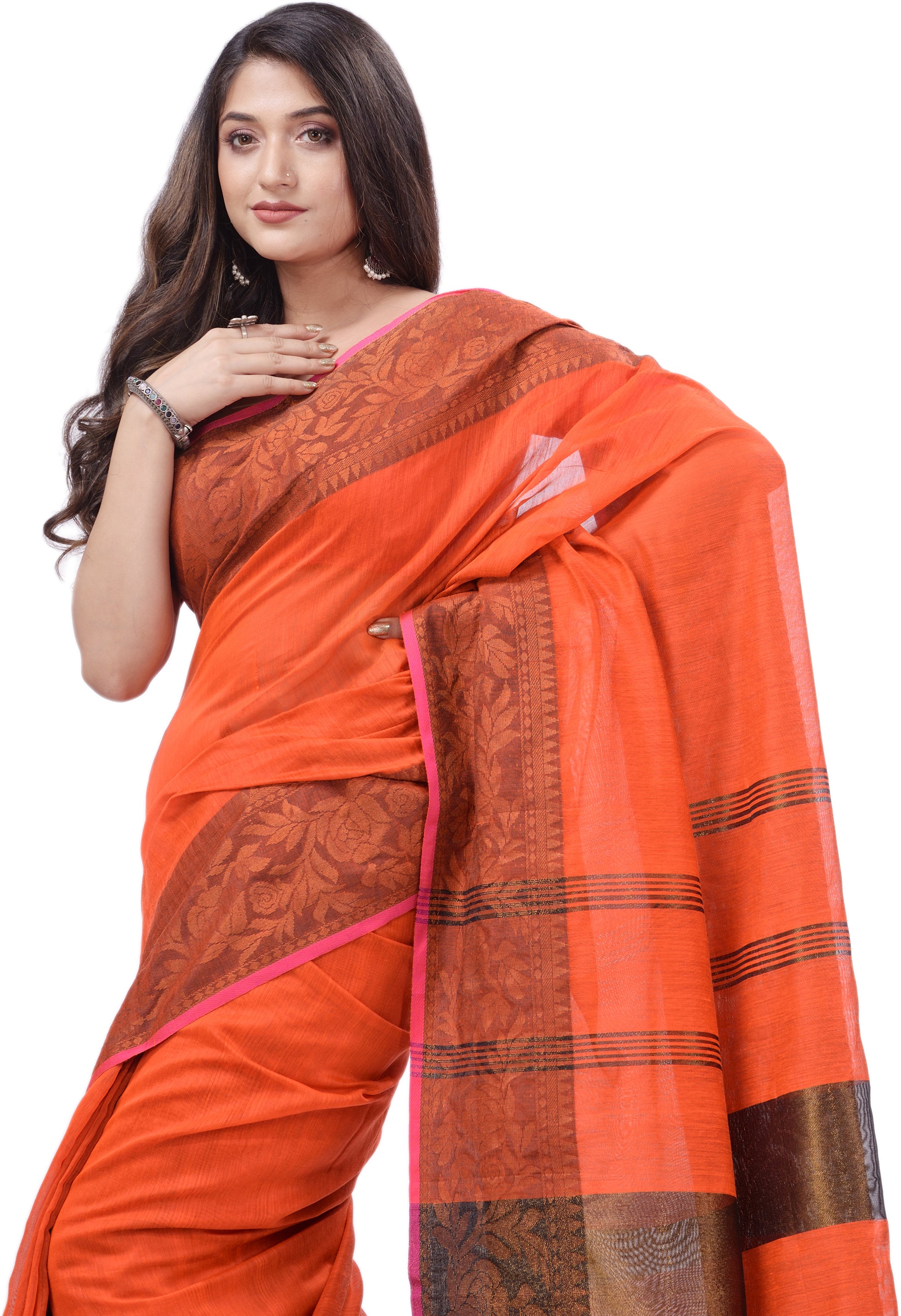 Desh Bidesh Printed Handloom Pure Cotton Saree (Orange) - Distacart